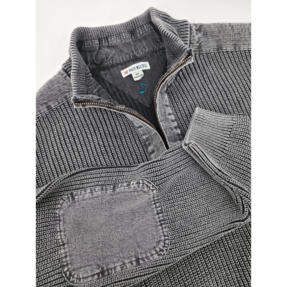 32 bar blues sweater Mens Quarter Zip knit Ribbed Gray Elbow Patches Large